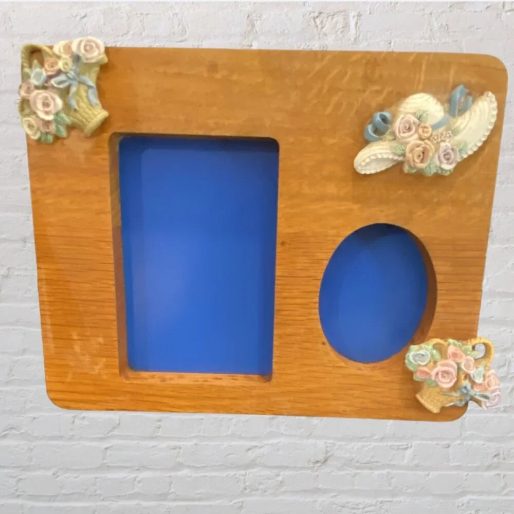 VINTAGE FRAME -- Musical, Holds 2 Photos, Garden Theme w/Hat & Basket of Flowers